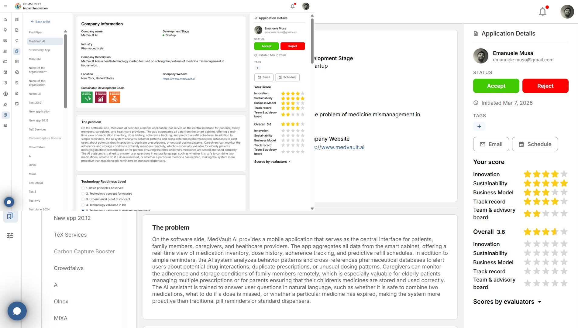 An evaluator's view, scoring an application against its criteria.